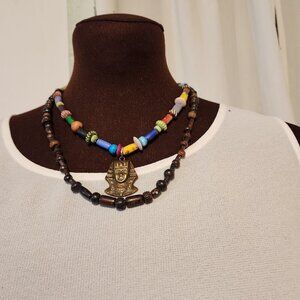 Hand Crafted Necklace King Tut Charm 2 Strands Brown Blue Beads